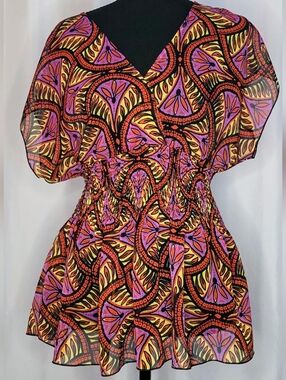 Bisou Bisou Blouse Women Large Multicolor Boho Sheer Peplum Top Cinched Waist